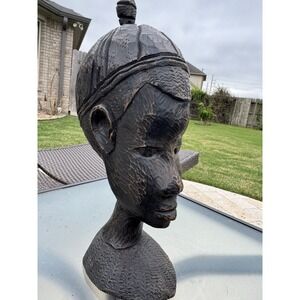Solid Ebony Wood Hand Carved Sculpture Statue Head Bust Heavy 11" Tall‎ African
